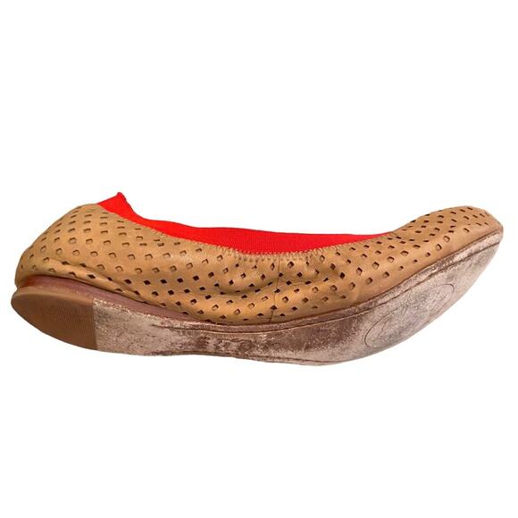 Tory Burch Size 6.5 Caroline tan flats with red elastic trim and golden logo - Picture 11 of 16